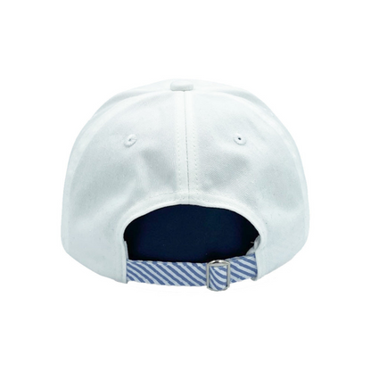 Back of a white baseball hat with blue and white seersucker tuckstrap