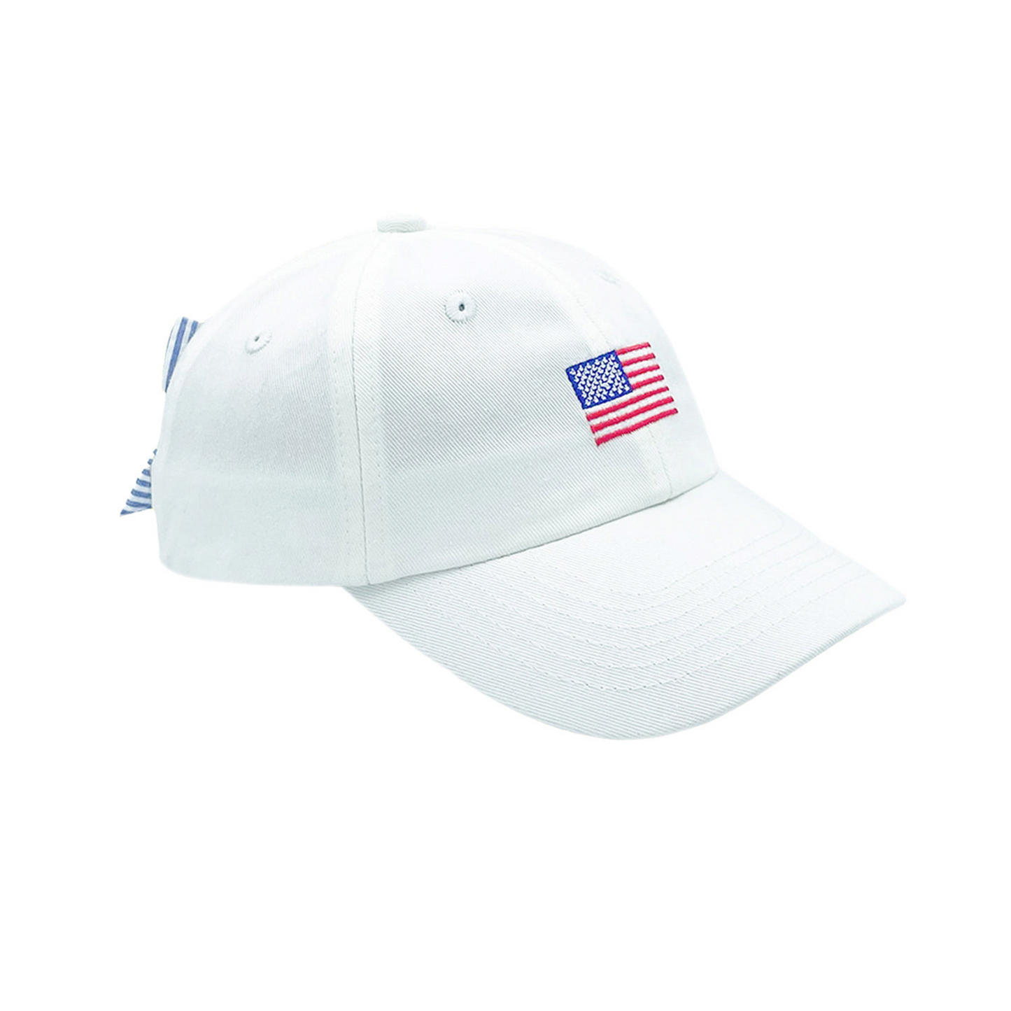 White baseball hat with American flag embroidery and bow back