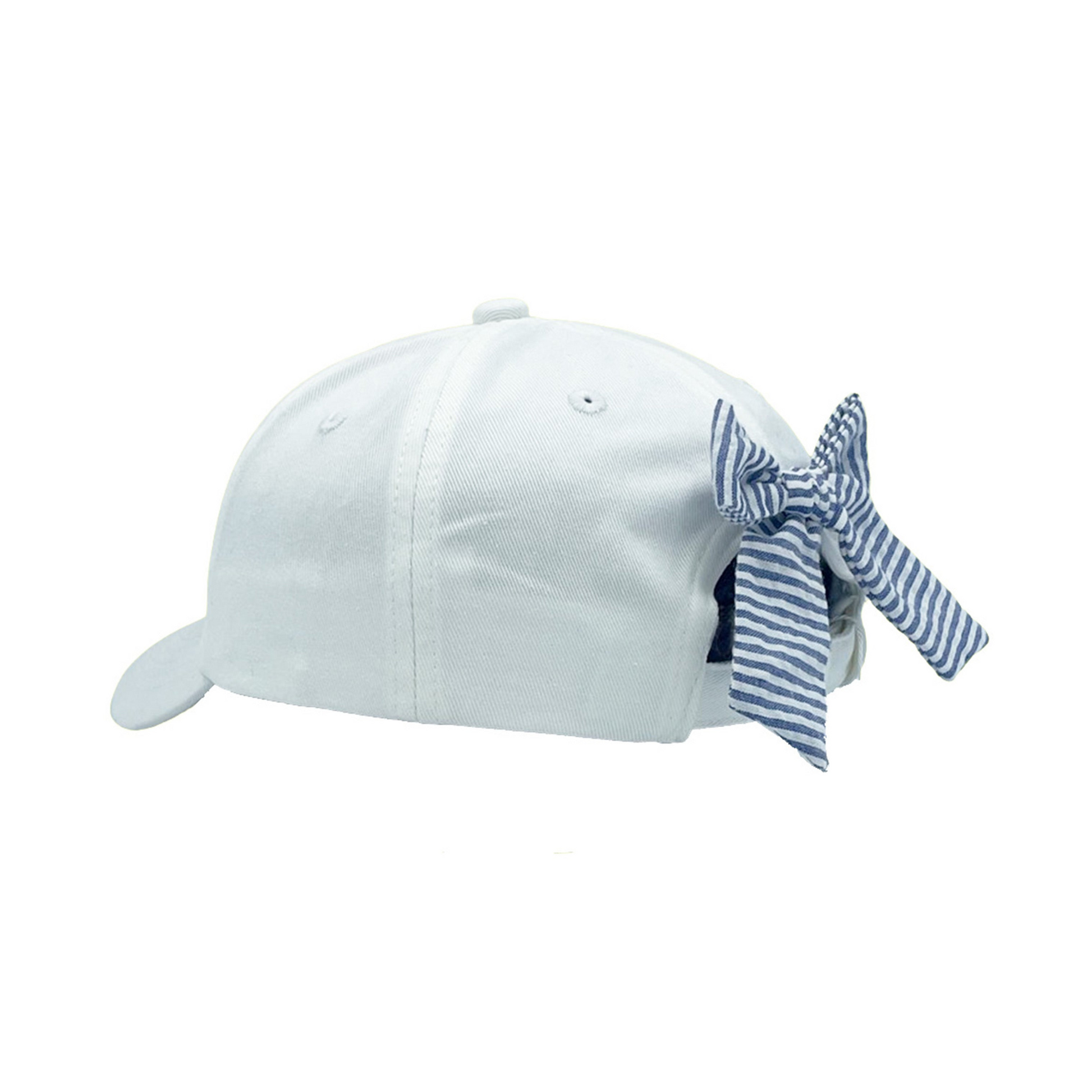 White baseball hat with blue and white seersucker bow on the back