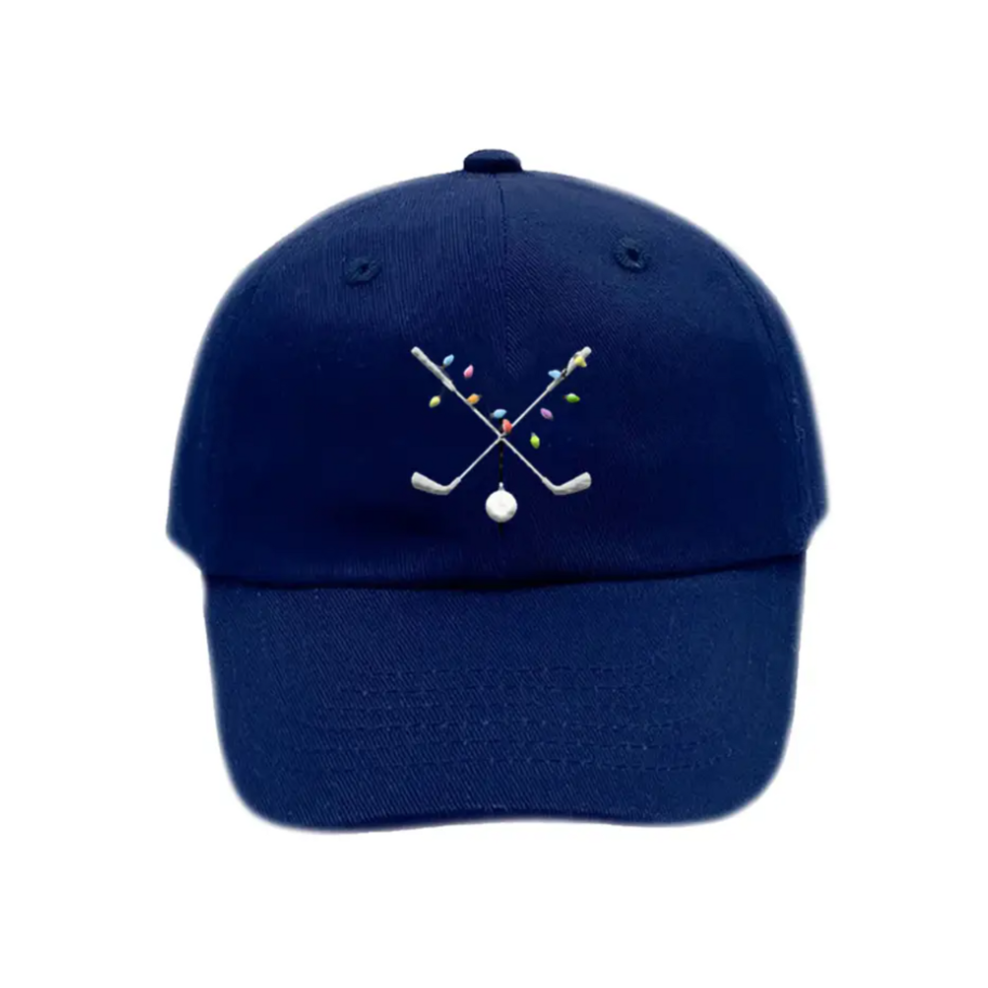 Navy baseball hat with golf club and Christmas lights embroidery