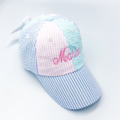 Customizable Bow Baseball Hat in Multicolor Seersucker (Girls)