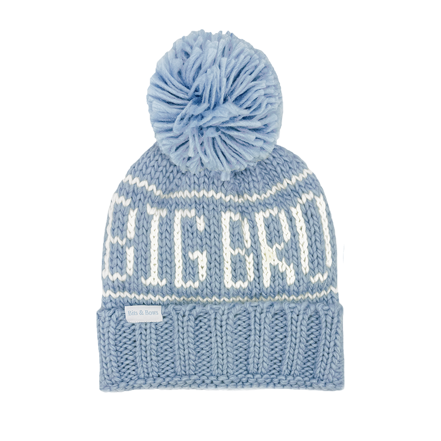 Blue knit bobble hat with jacquard "big bro" and pom pom