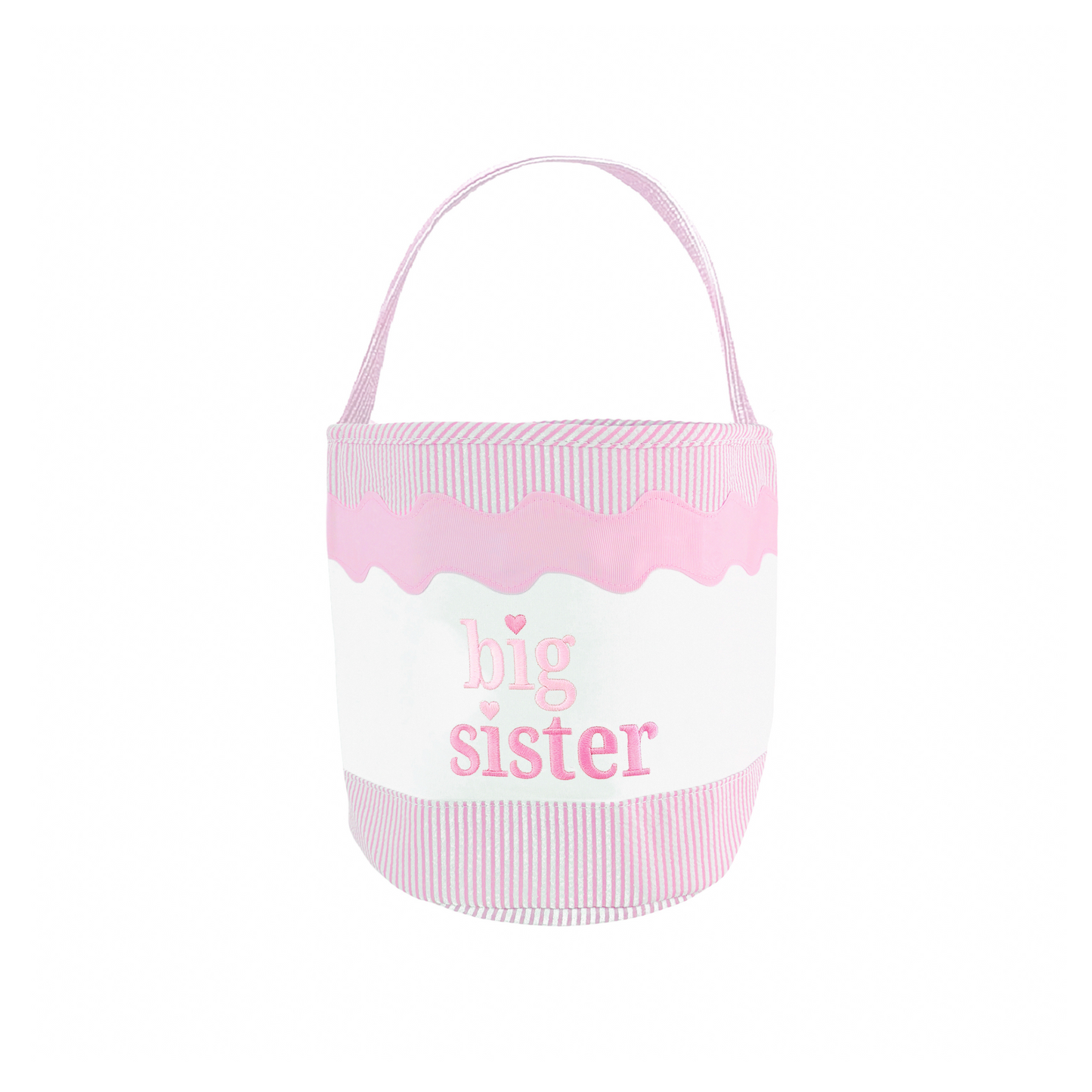 Pink and white fabric tote with Big Sister embroidery