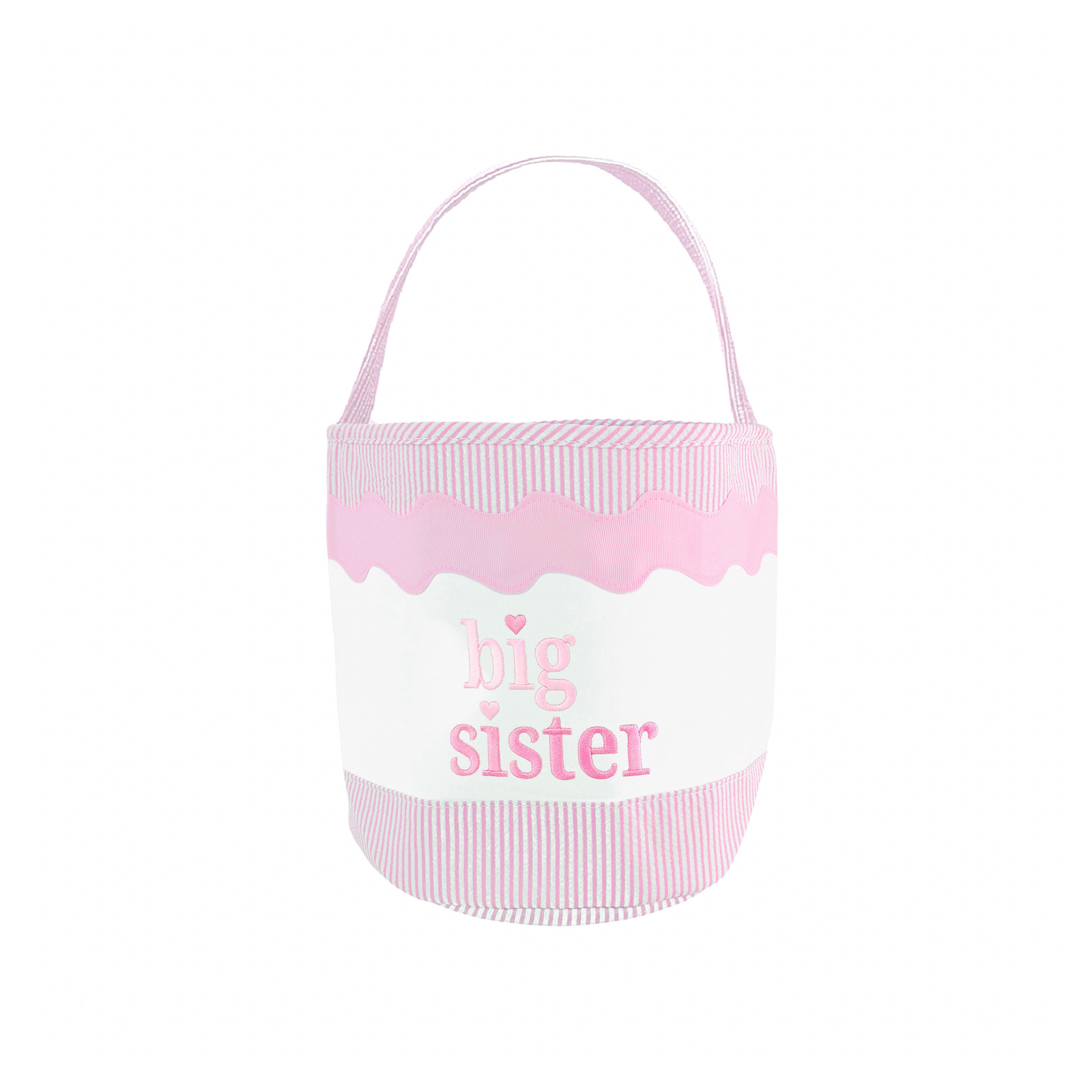 Pink and white fabric tote with Big Sister embroidery