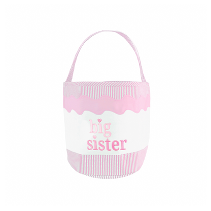 Pink and white fabric tote with Big Sister embroidery