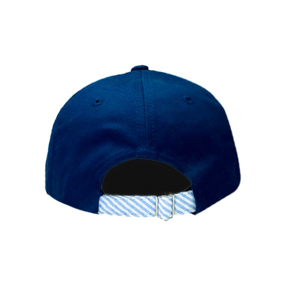 Back of baseball hat with blue and white seersucker tuck strap