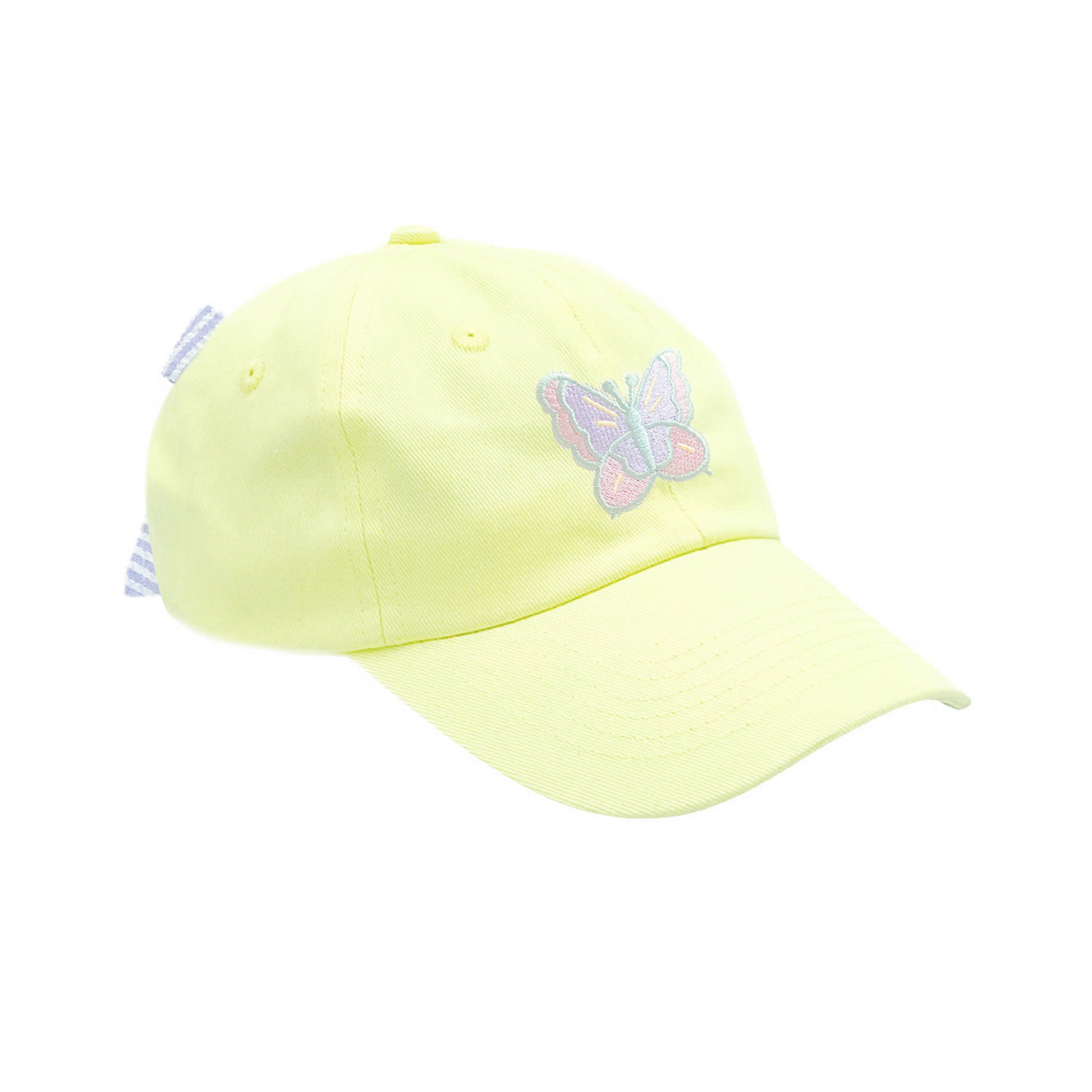 Yellow baseball hat with butterfly embroidery and bow on the back