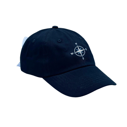 Navy baseball hat with compass embroidery and a bow on the back