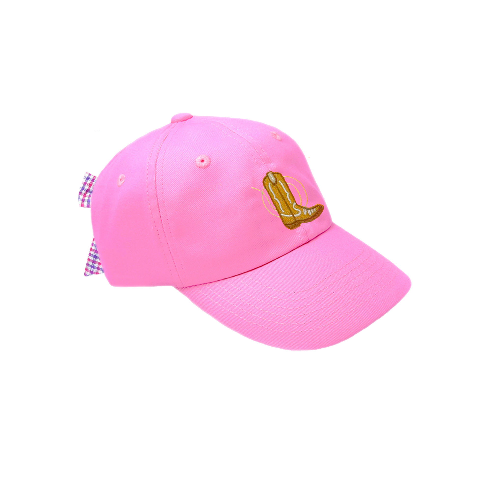 Magenta baseball hat with cowboy boot embroidery and a bow on the back