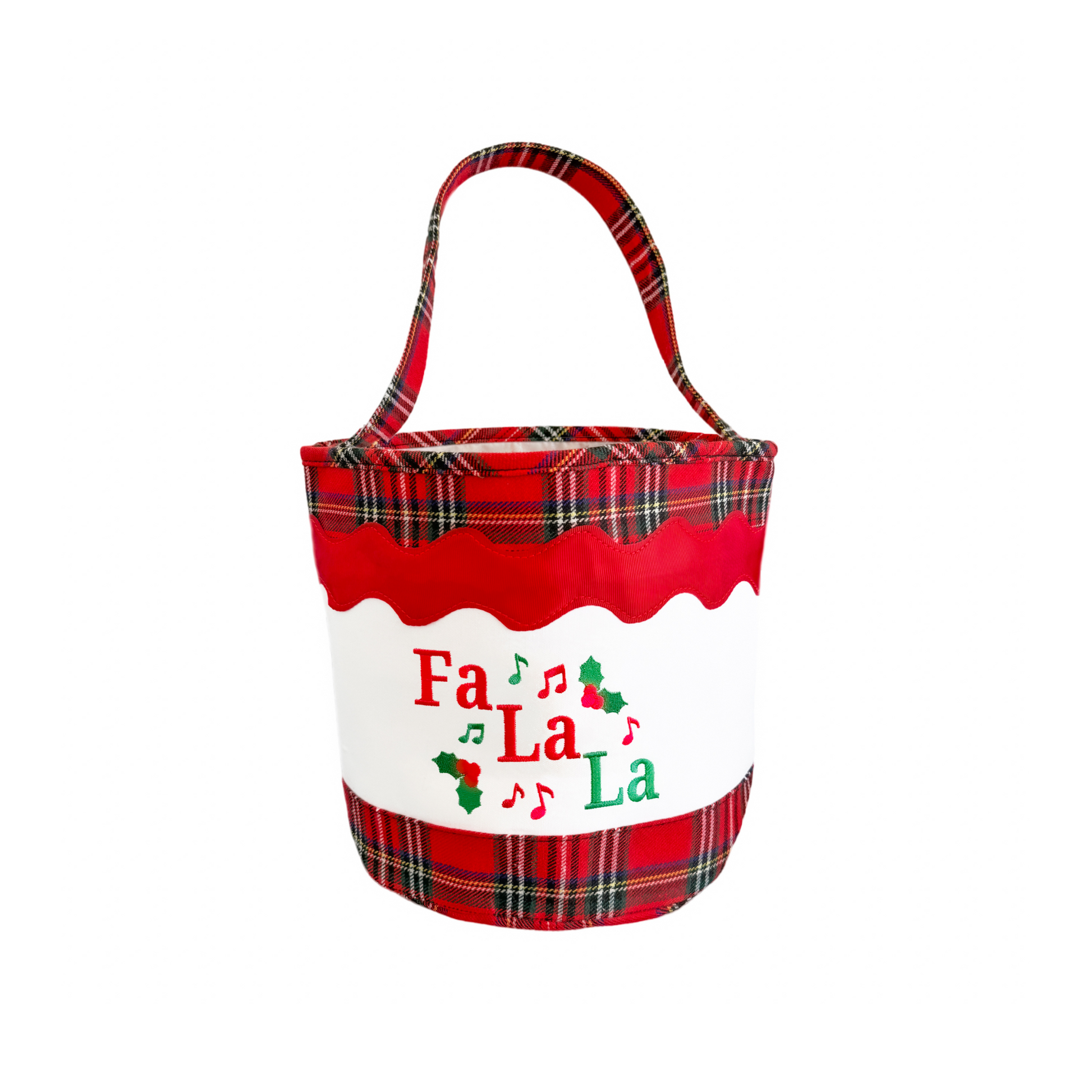 Red plaid Christmas gift tote bag with Fa la la embroidery