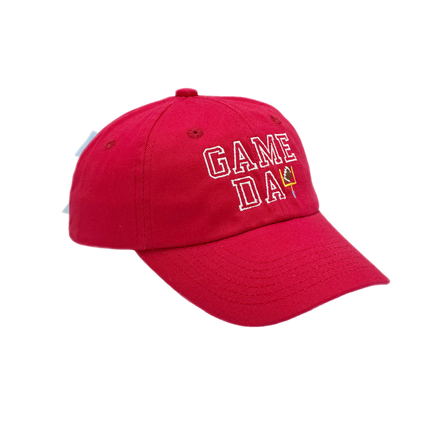 Red baseball hat with game day embroidery and a bow on the back