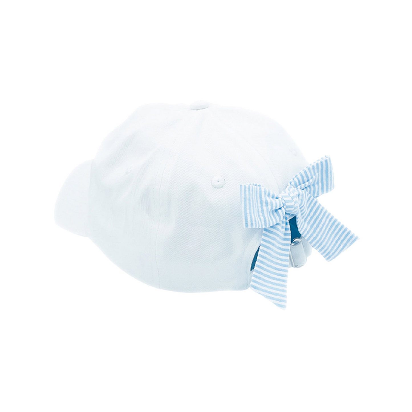 White baseball hat with a blue and white seersucker bow on the back