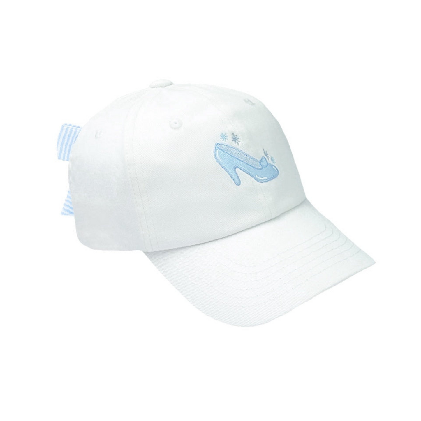 White baseball hat with glass slipper embroidery and a bow on the back