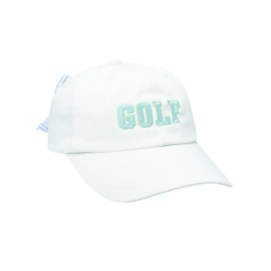 White baseball hat with golf embroidery and a bow on the back