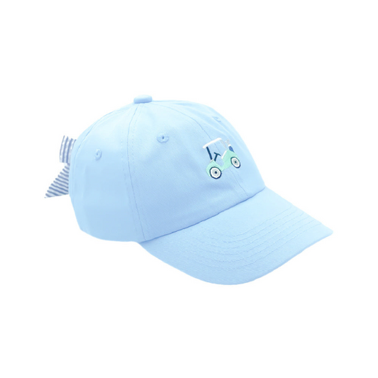 Light blue baseball hat with golf cart embroidery and bow on the back