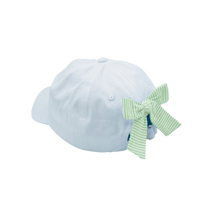 White baseball hat with green and white seersucker bow on the back