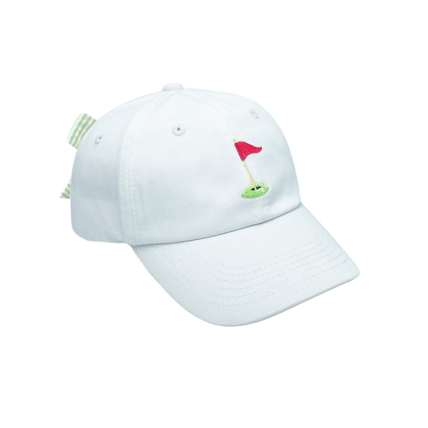 White baseball hat with golf flag embroidery and a bow on the back