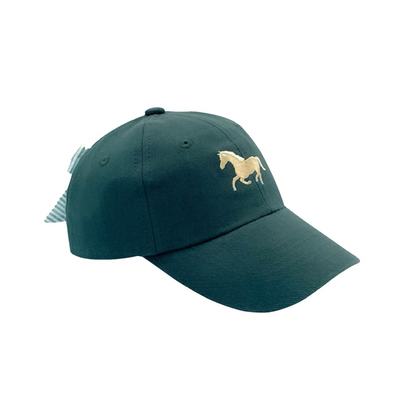 Dark green baseball hat with horse embroidery and a bow on the back