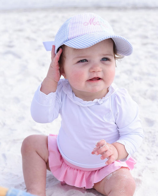 Customizable Bow Baseball Hat in Multicolor Seersucker (Baby)