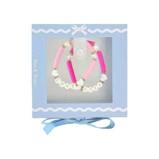 Pink Love XOXO word bracelet in blue gift box