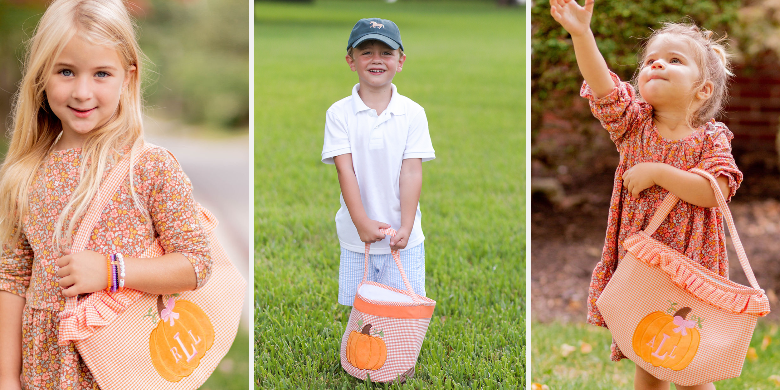 girl holding personalized trick-or-treat bag; boy holding boo bag; girl holding personalized pumpki tote