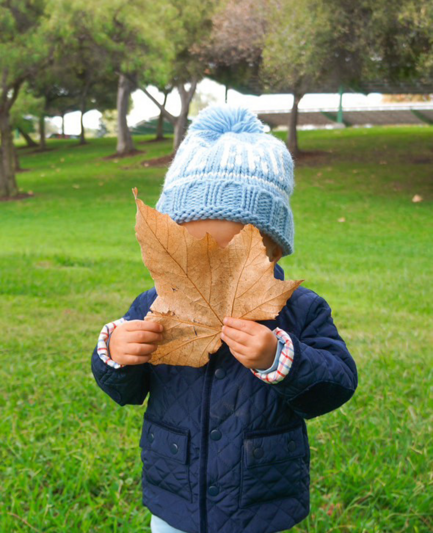 Boy holding a leaf in front of his face and wearing a blue "lil bro" bobble hat