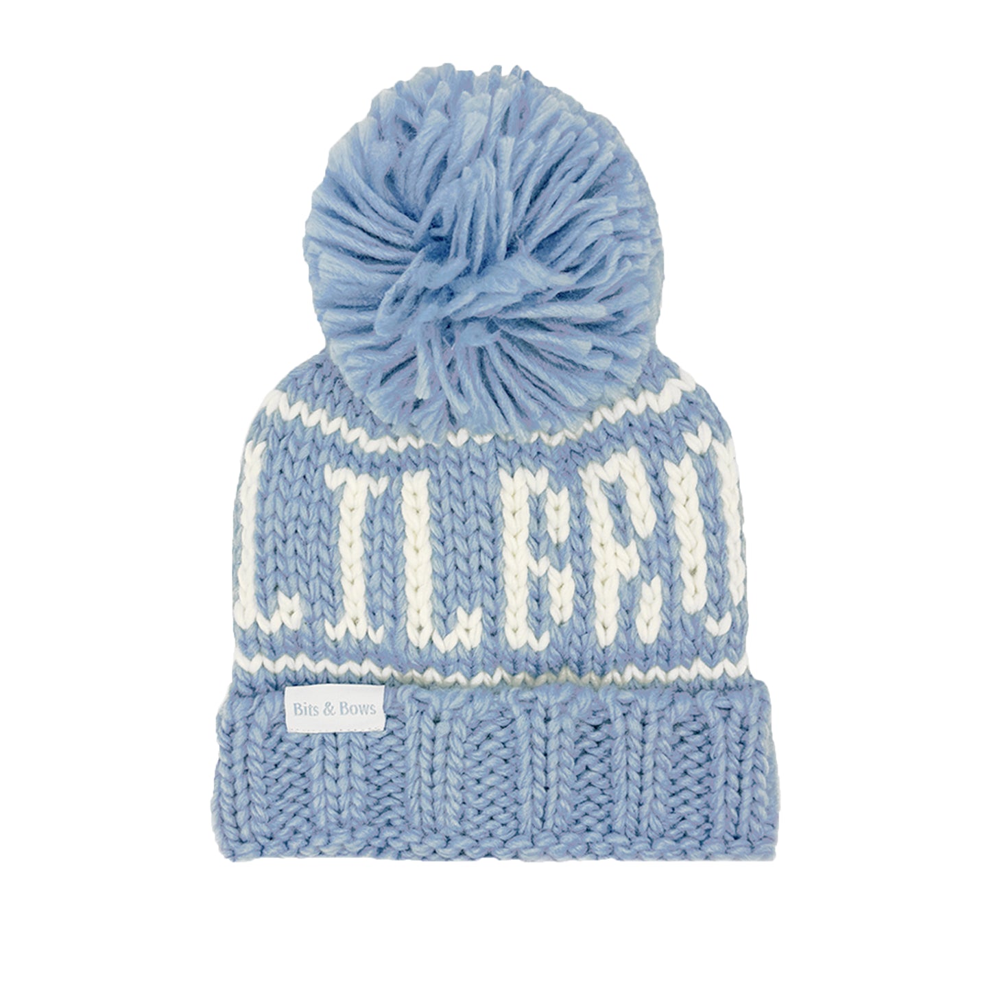 Blue knit bobble hat with jacquard "lil bro" and pom pom