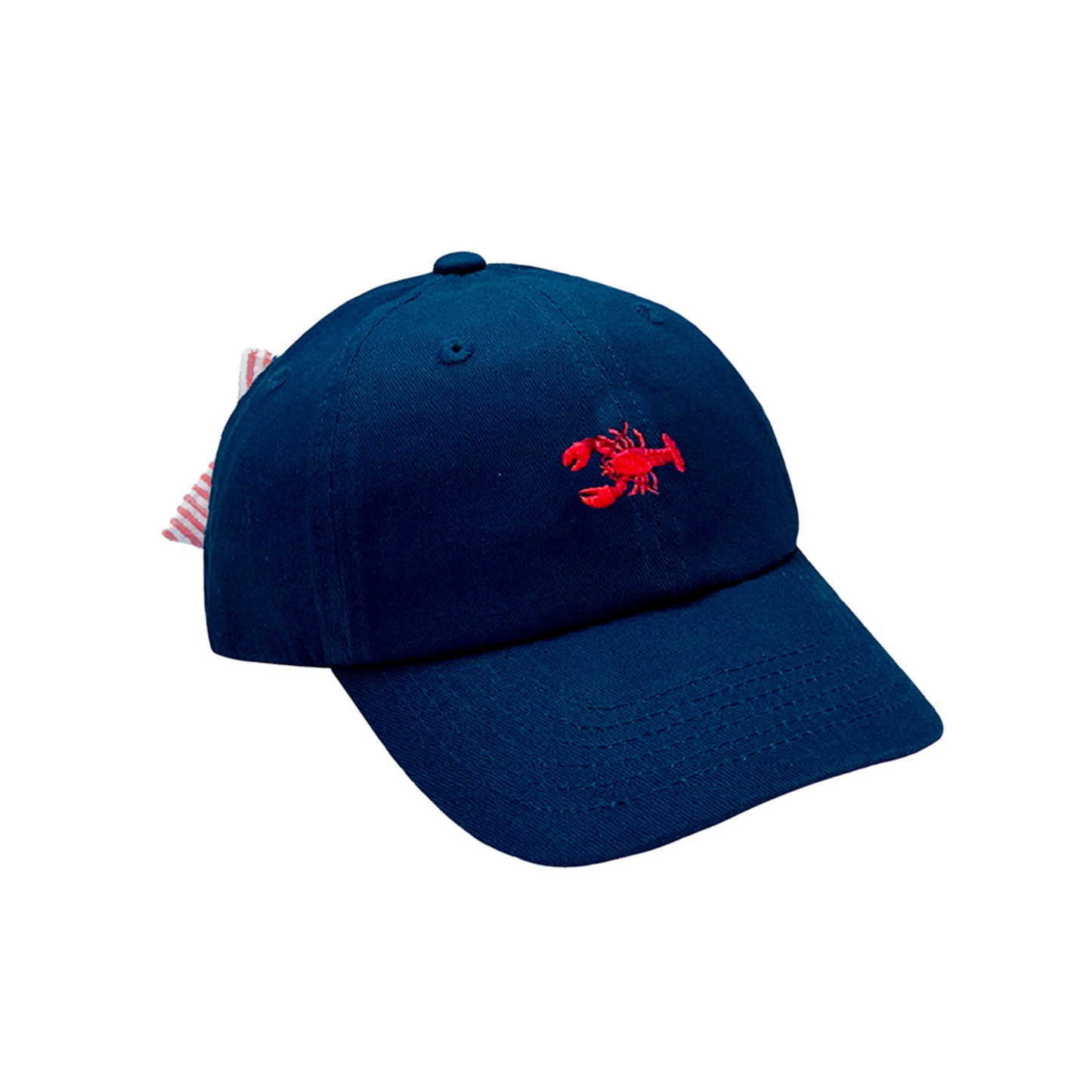 Navy blue baseball hat with lobster embroidery and a bow on the back