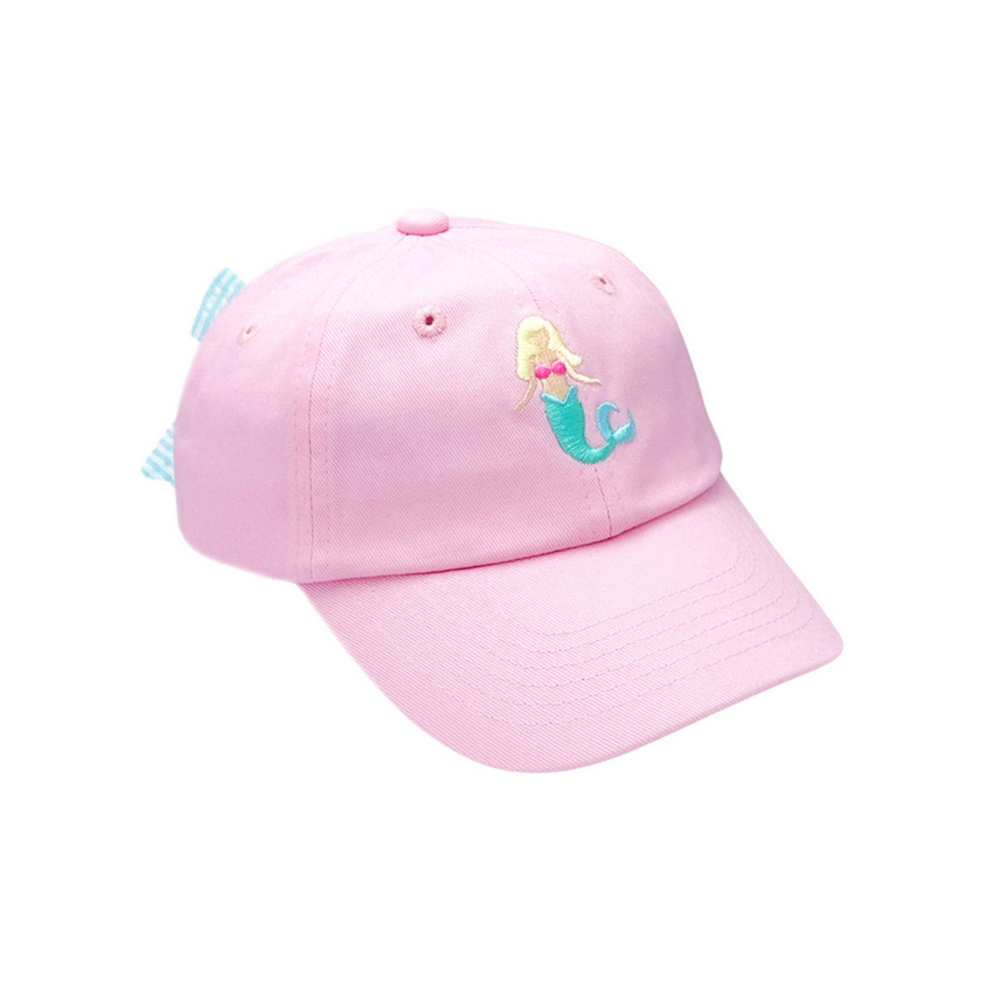 Pink baseball hat with mermaid embroidery and a bow on the back