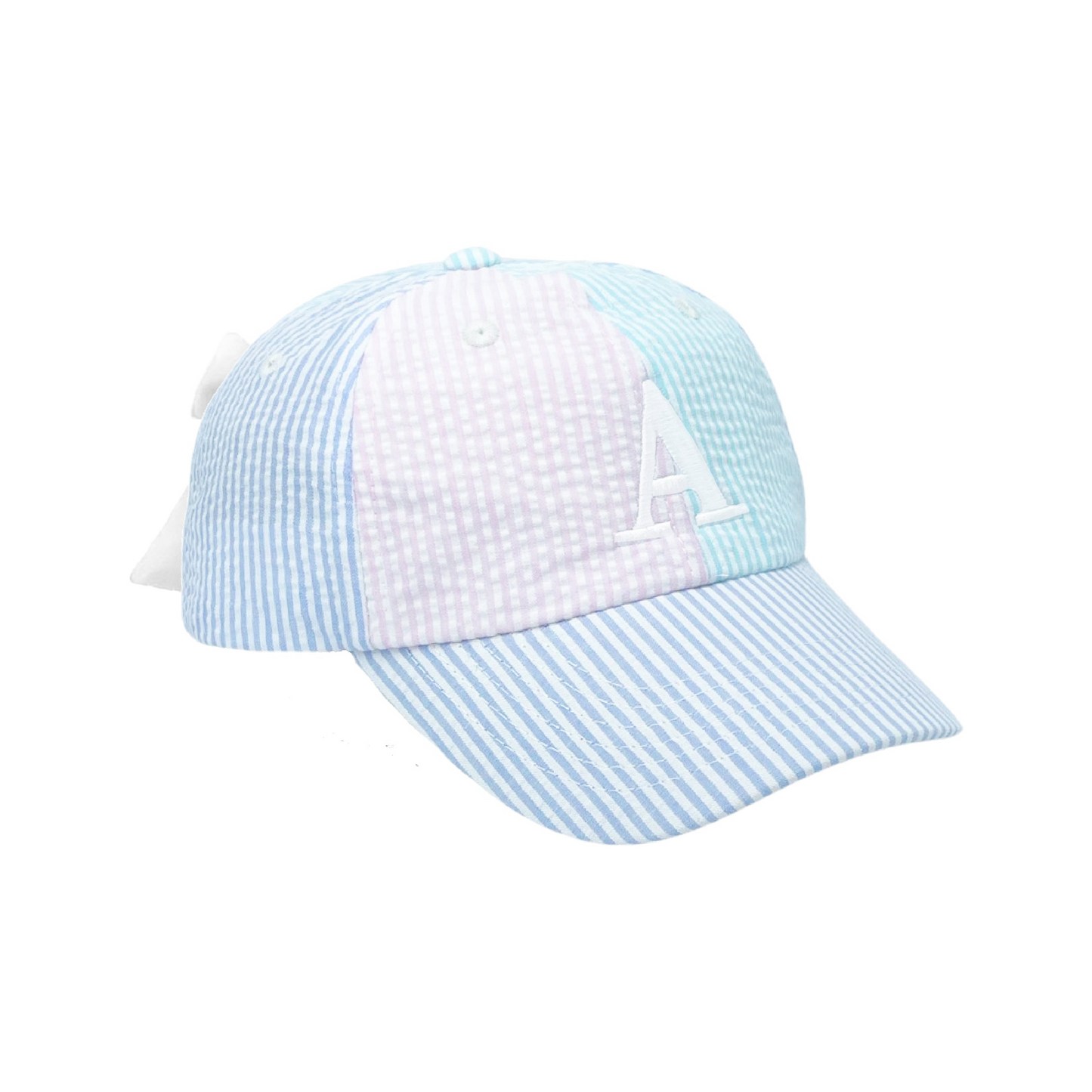 Customizable Bow Baseball Hat in Multicolor Seersucker (Girls)