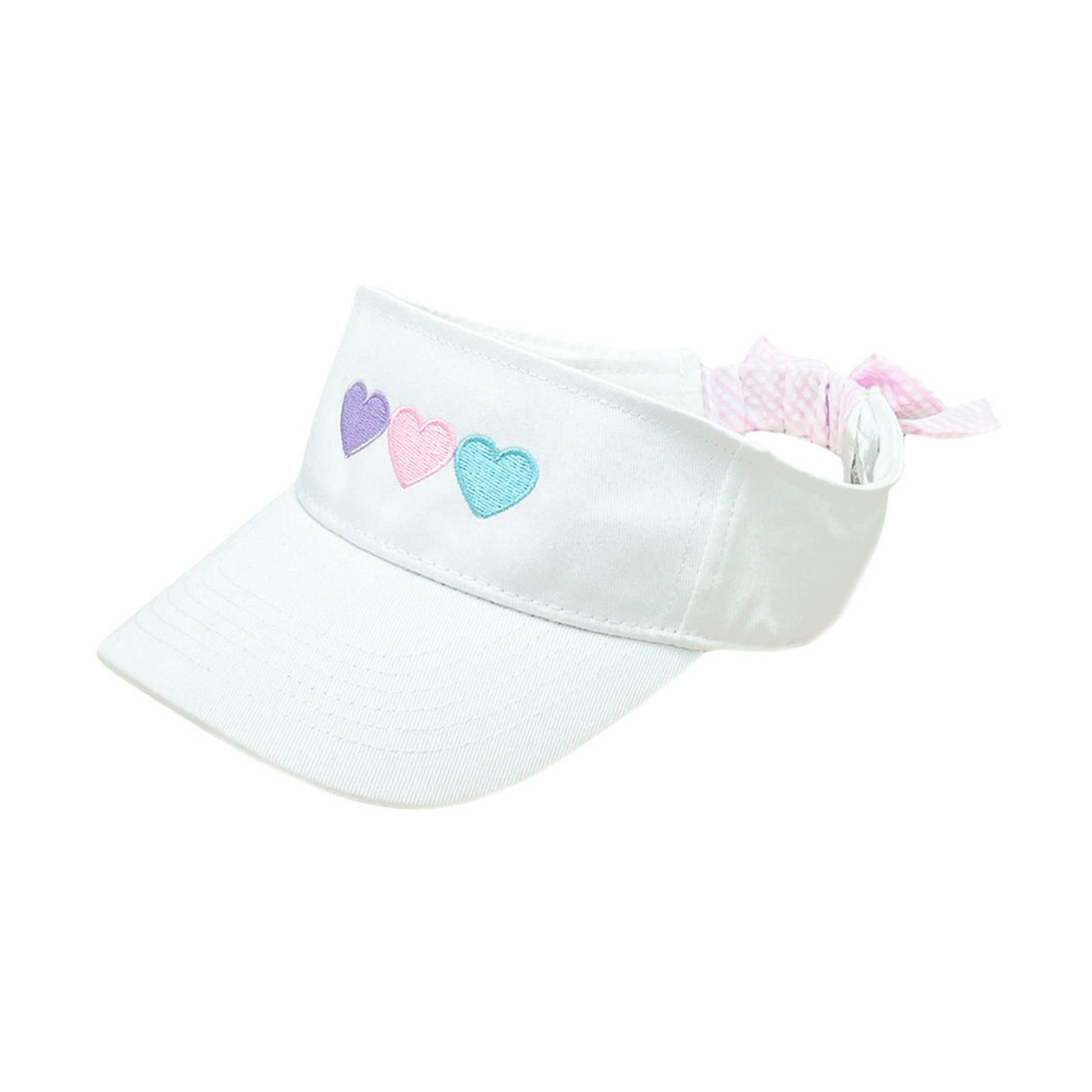 White visor with embroidered pastel heart and a seersucker bow on the back