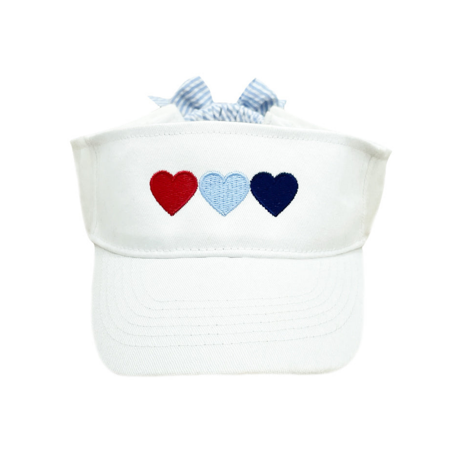 White visor with red and blue heart embroidery and a bow on the back