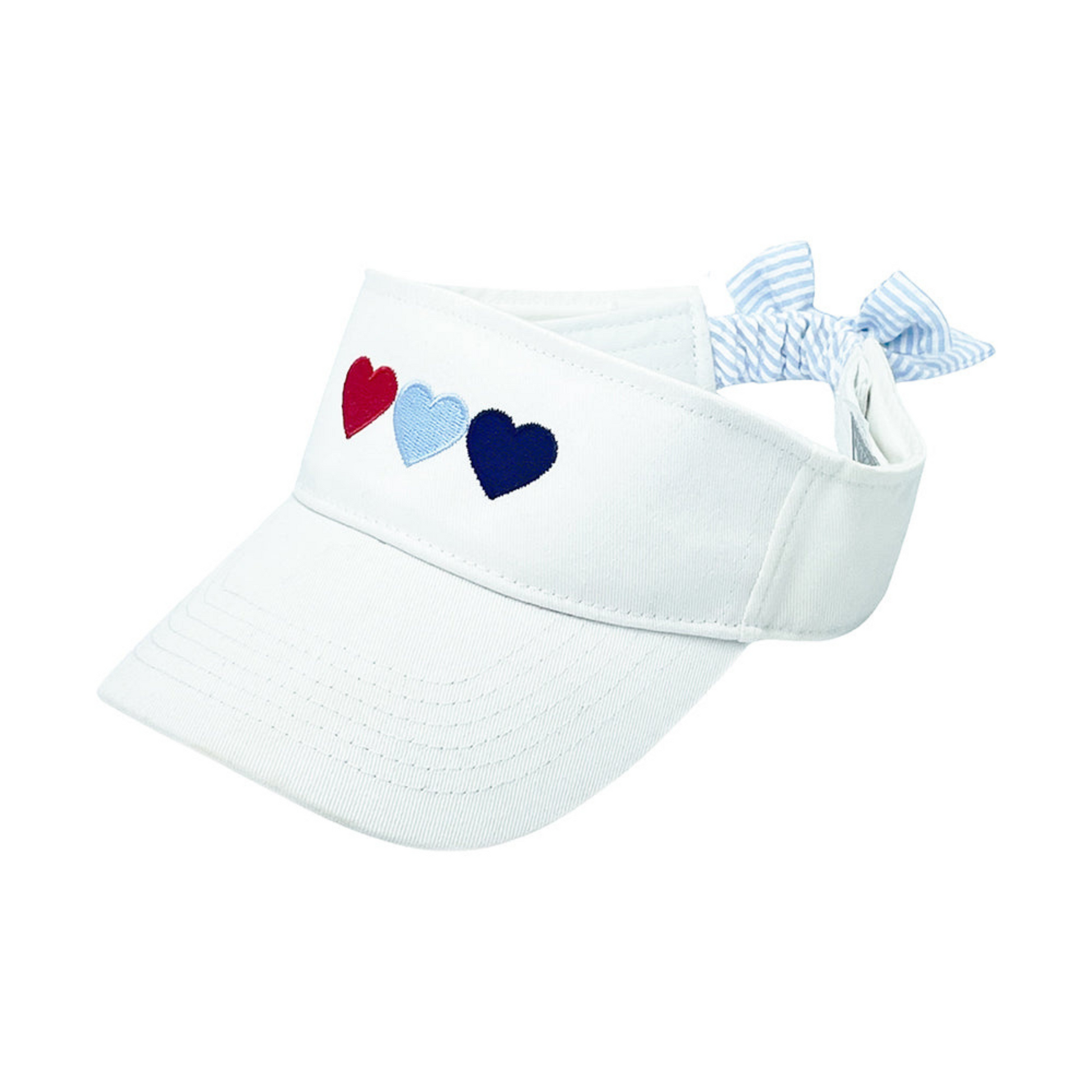 White visor with red and blue heart embroidery and a bow on the back