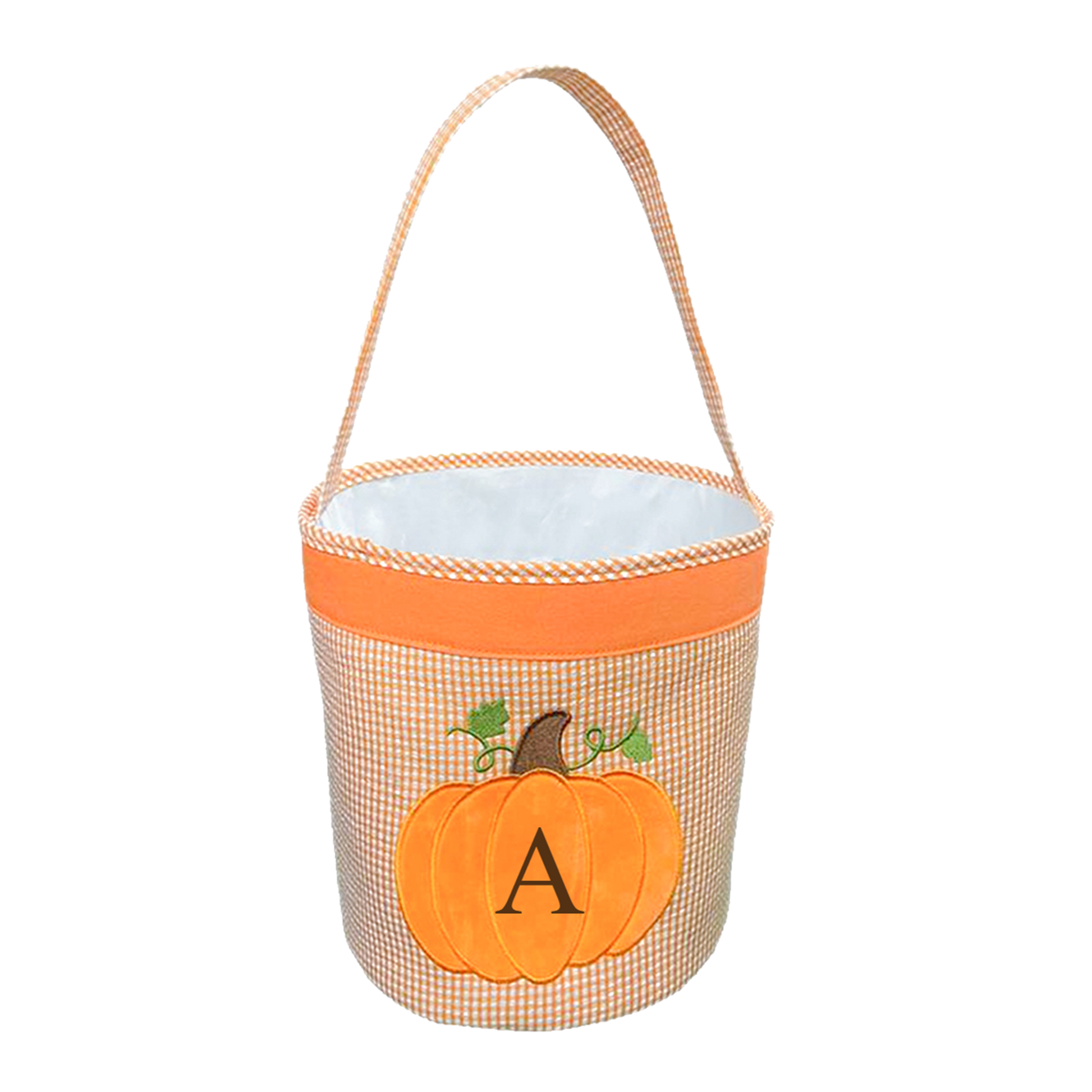 Orange seersucker tote with pumpkin applique and monogram embroidery