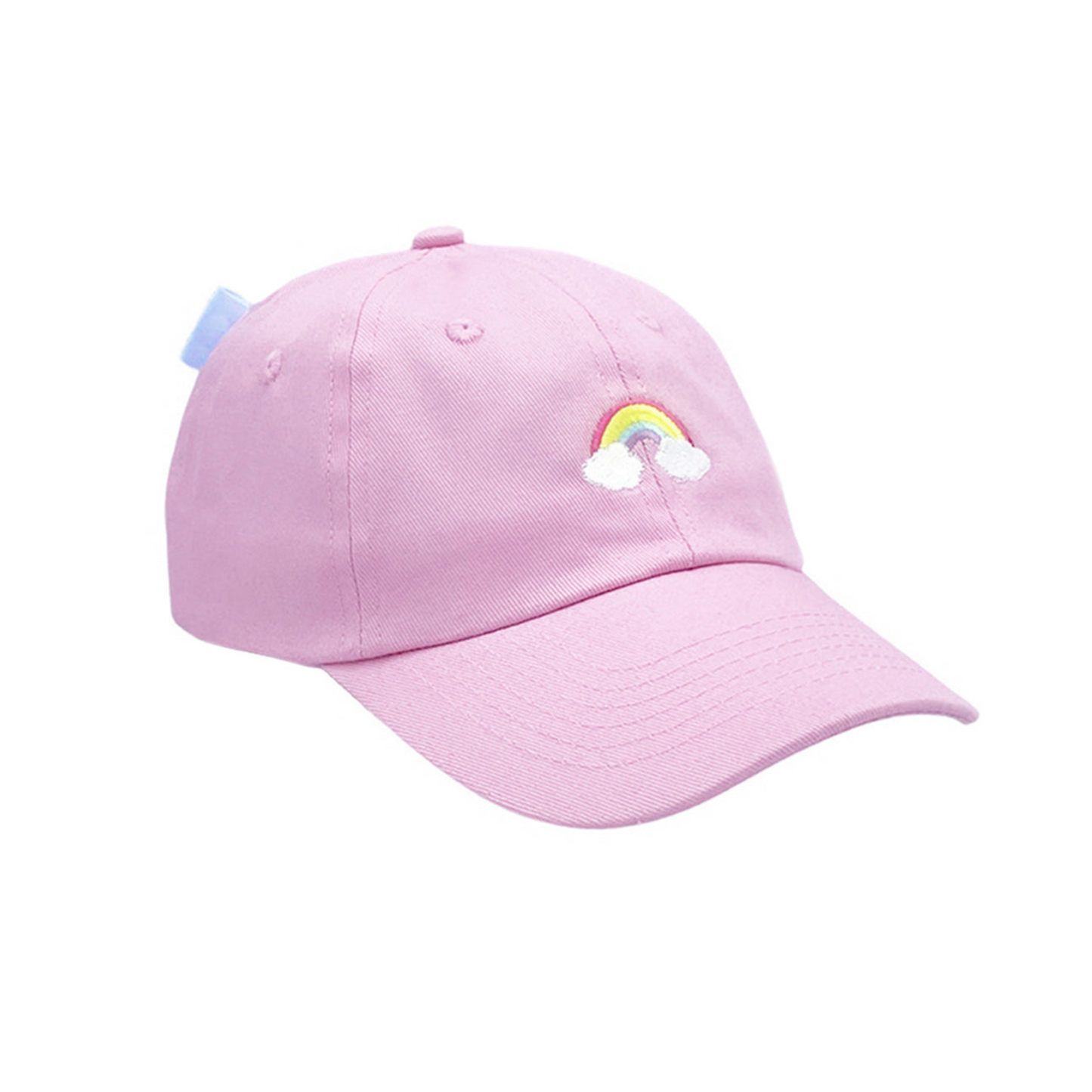 Pink baseball hat with rainbow embroidery and a bow on the back