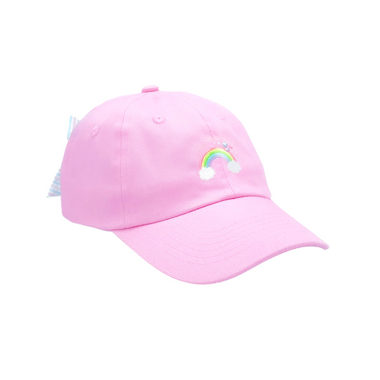 Pink baseball hat with rainbow embroidery and a bow on the back