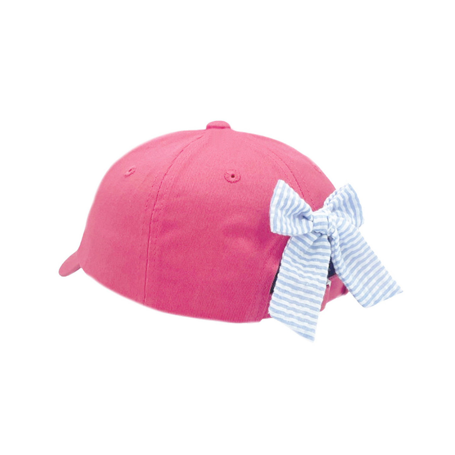 Coral baseball hat with blue and white seersucker bow on the back