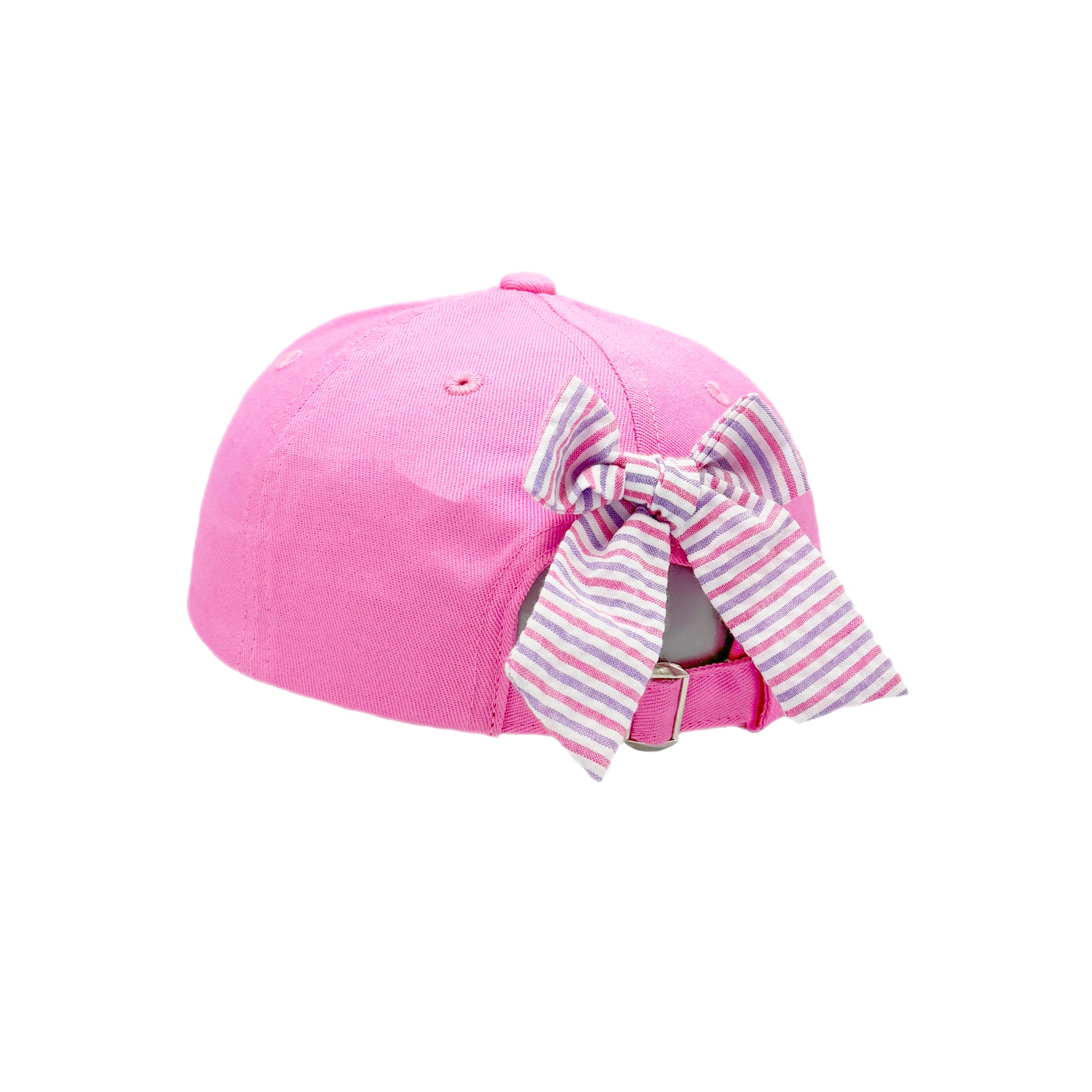 Pink baseball hat with a pink, purple and white seersucker bow on the back