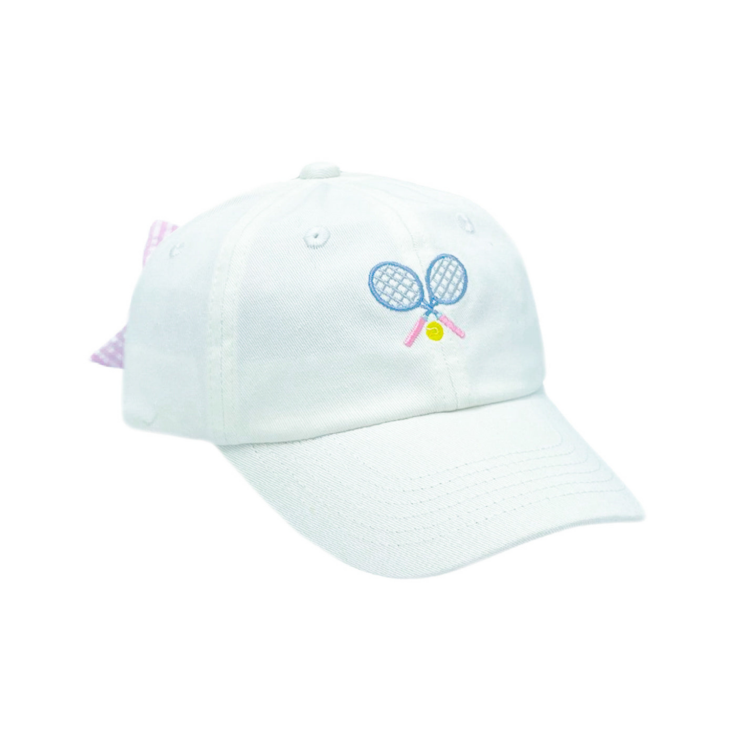 White baseball hat with tennis racket embroidery and a bow on the back