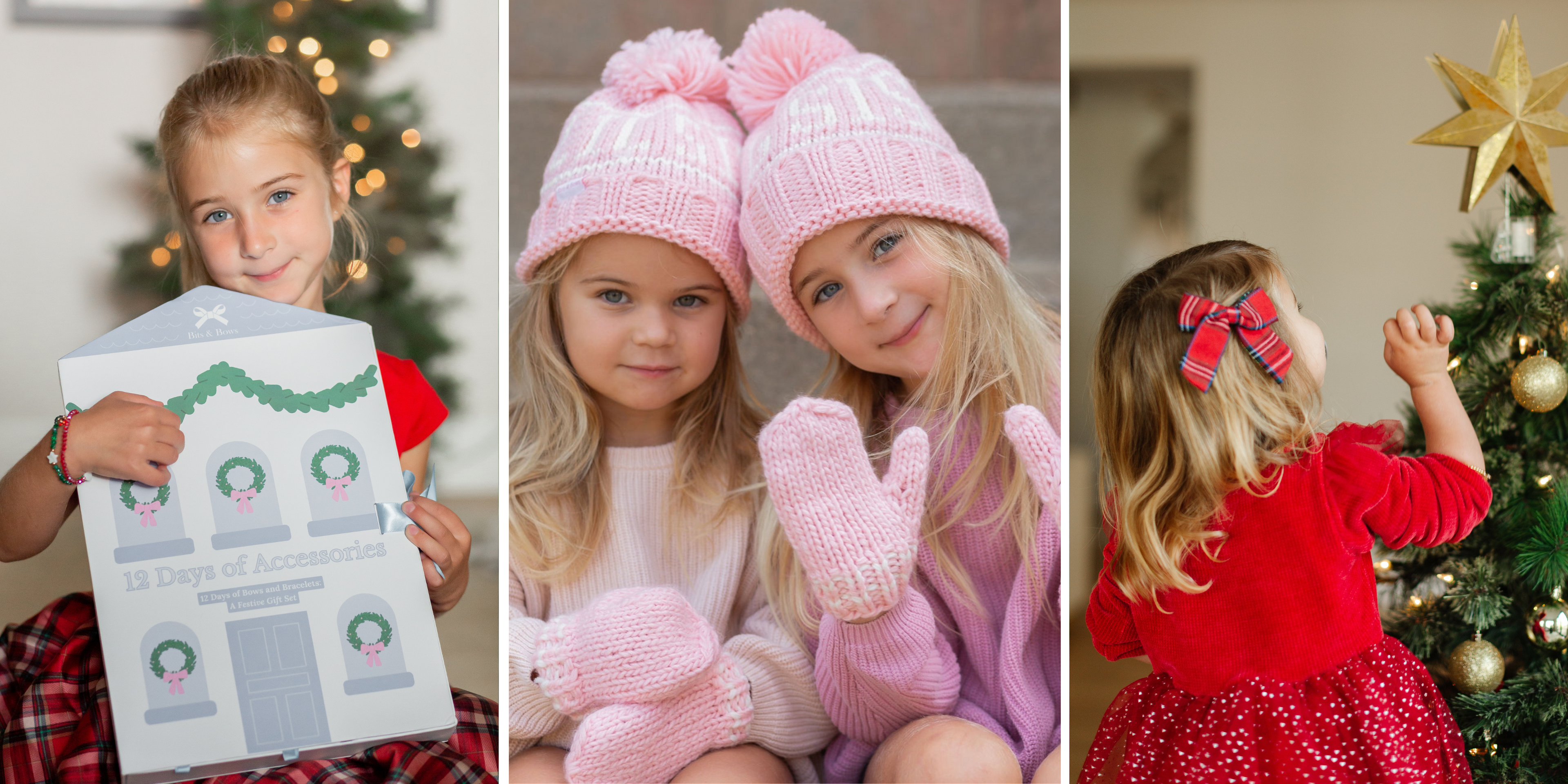 girl holding advent calendar; girls wearing big sis and lil sis winter hats and mittens; girl wearing plaid bow decorating christmas tree