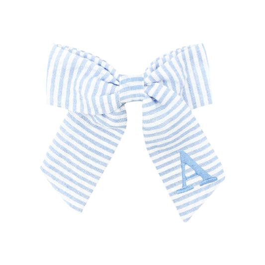 Monogram embroidered blue and white hair bow