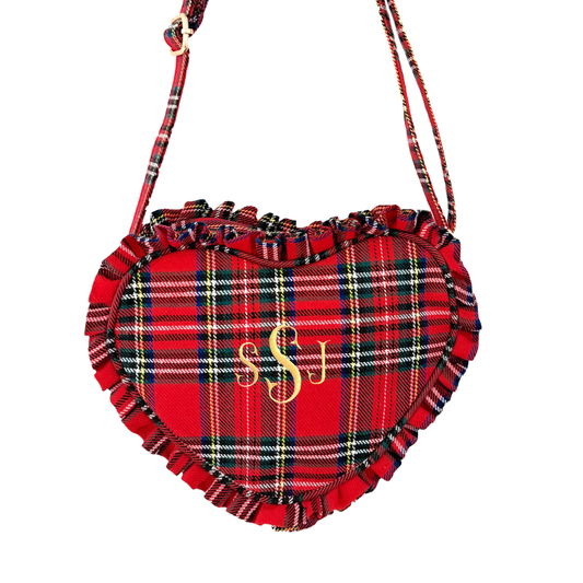 Red plaid heart shape purse with monogram