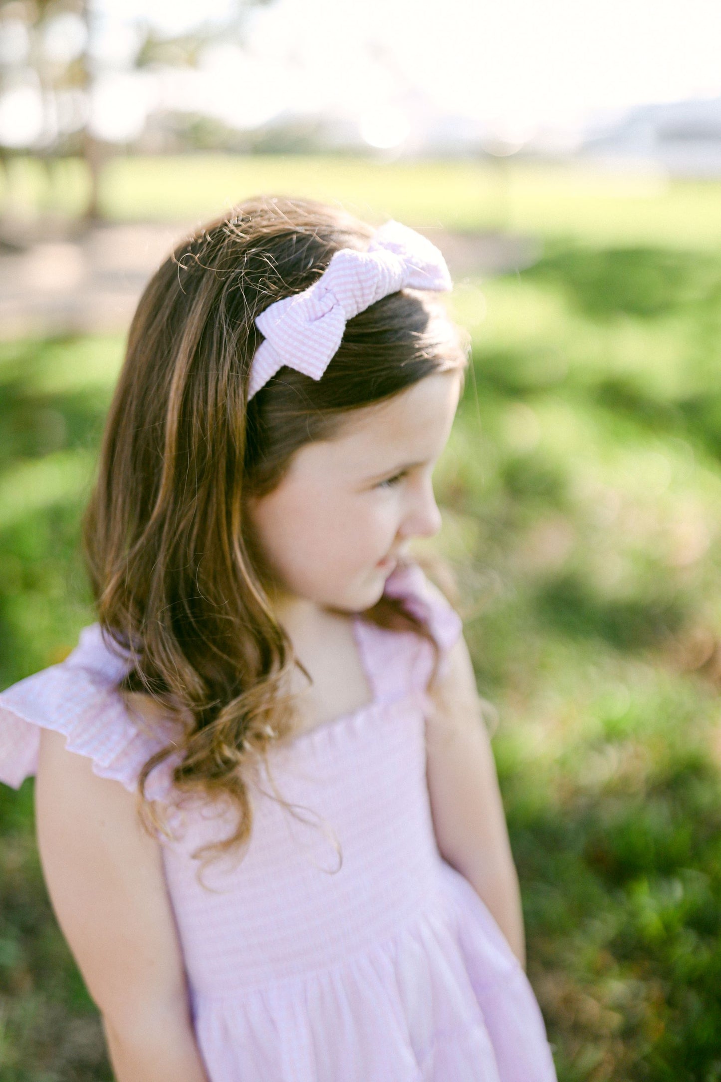 Seersucker Bow Headband in Pink/White